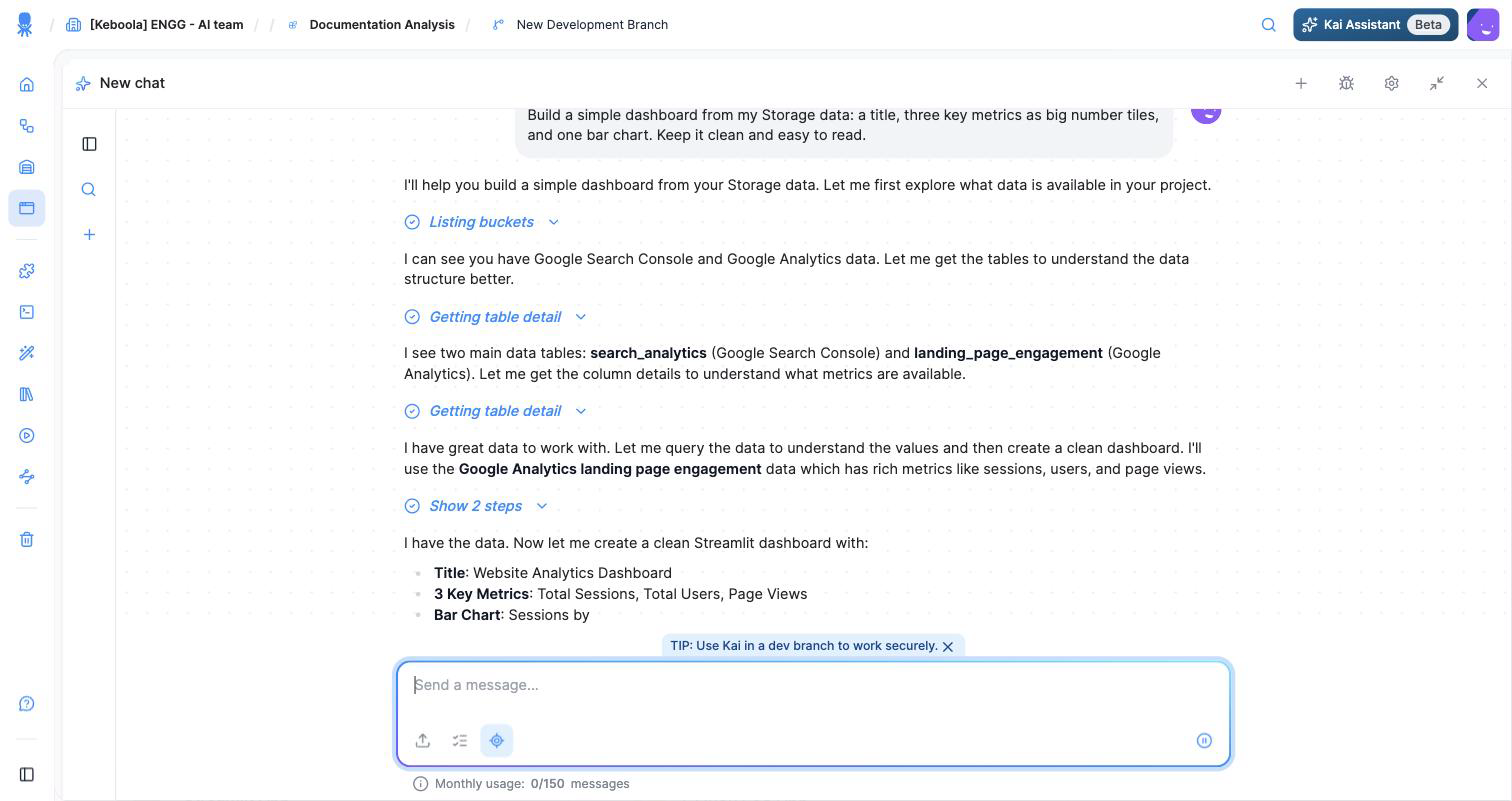 Kai's chat exploring the project's Storage — listing buckets, reading table details — and proposing a dashboard plan